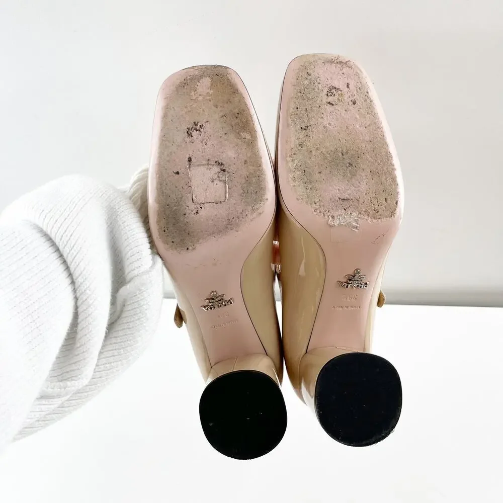 Prada Patent Leather Block Heel Square Toe Mary Jane Pumps Shoes Nude 38.5
